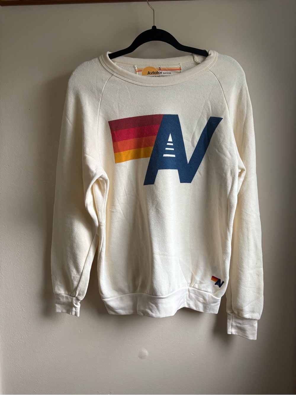 Aviator Nation Cream Crewneck with Navy Logo & Sunset Stripes